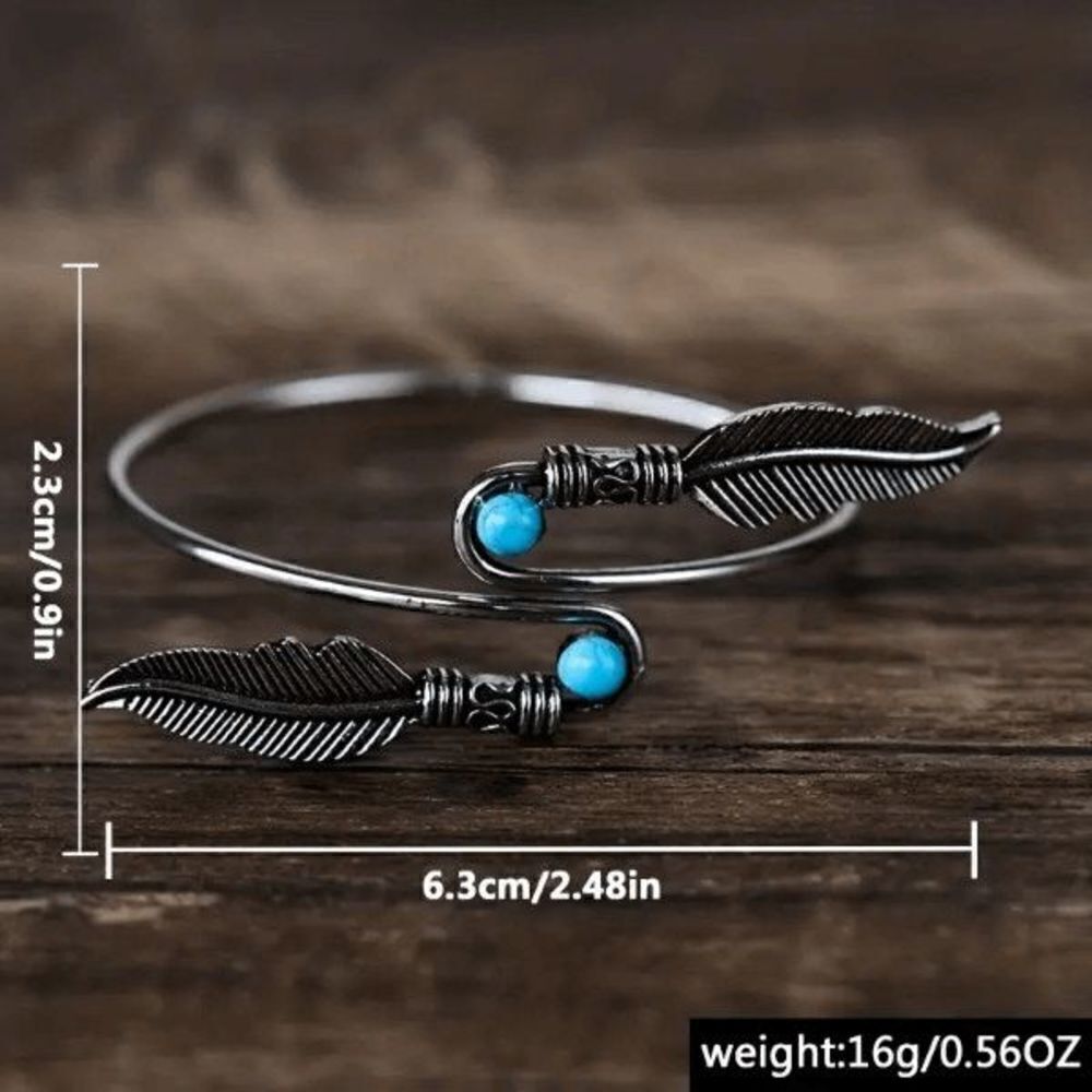 Boho Silver Turquoise Feather Open Bangle Arm Cuff Bracelet - Picture 4 of 4